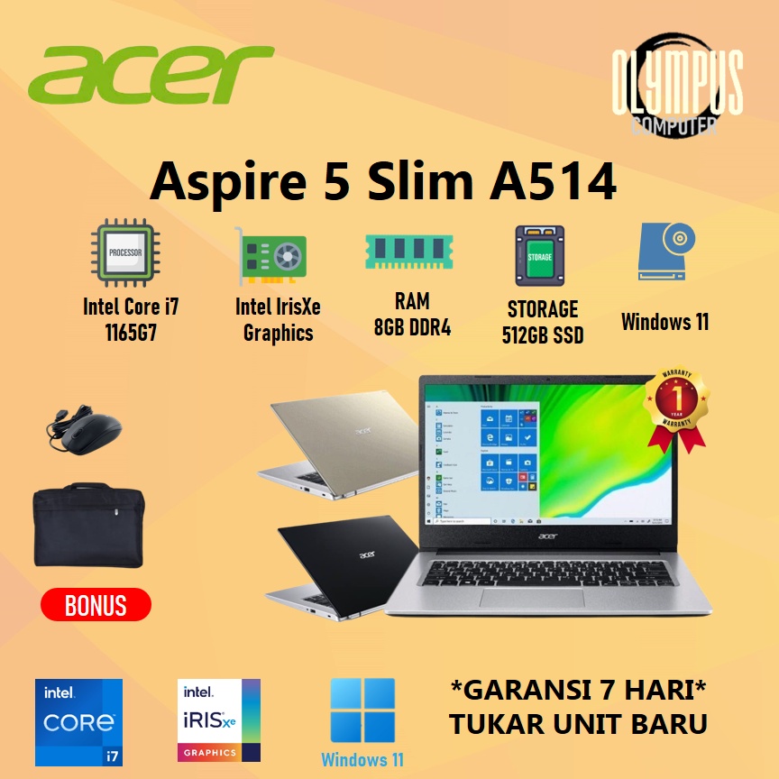 Laptop Acer Aspire 5 Slim A514 i7 1165G7 8GB 512SSD IRISXE W11+OHS 14.0FHD