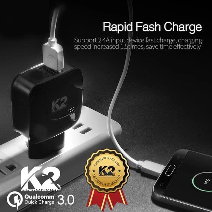 Adaptor Batok CHARGER K2 PREMIUM QUALITY FAST CHARGING QUALCOMM 3.0A