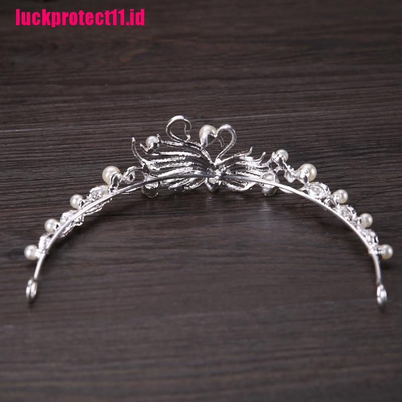 (LUCK) Mahkota / Tiara Wanita Desain Angsa Hias Mutiara + Berlian Imitasi Untuk Pernikahan / Pesta