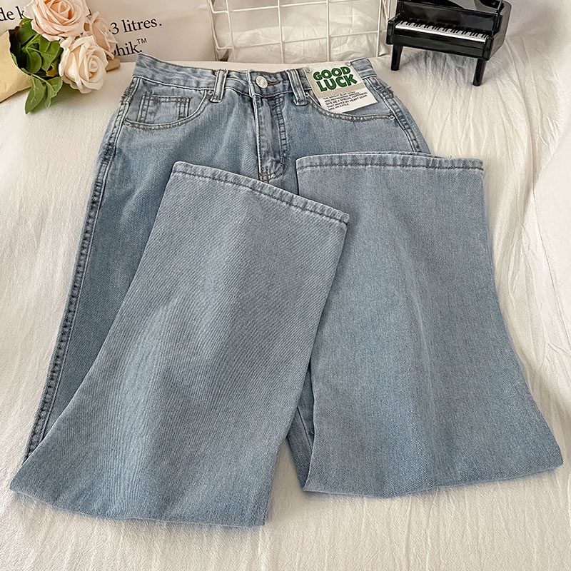 biru muda GOOD LUCK highwaist lurus loose celana jeans panjang wanita import