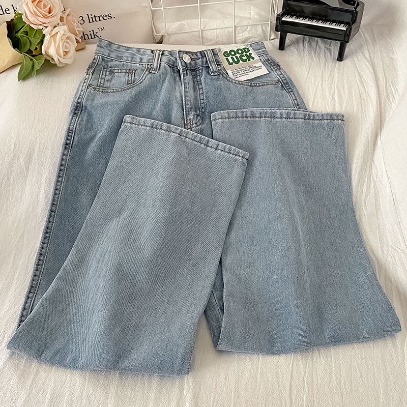 biru muda GOOD LUCK highwaist lurus loose celana jeans panjang wanita import