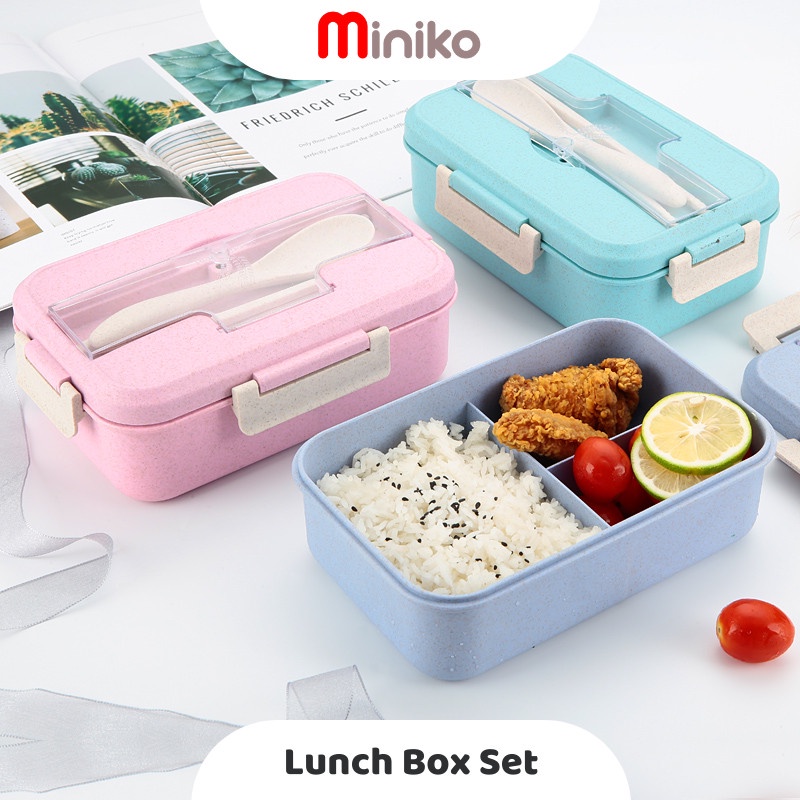 Tempat Bekal Makan satu set - Lunch Box Set Kotak Bekal Makan Jerami Gandum kotak makan Anti Tumpah Free Sendok dan Garpu