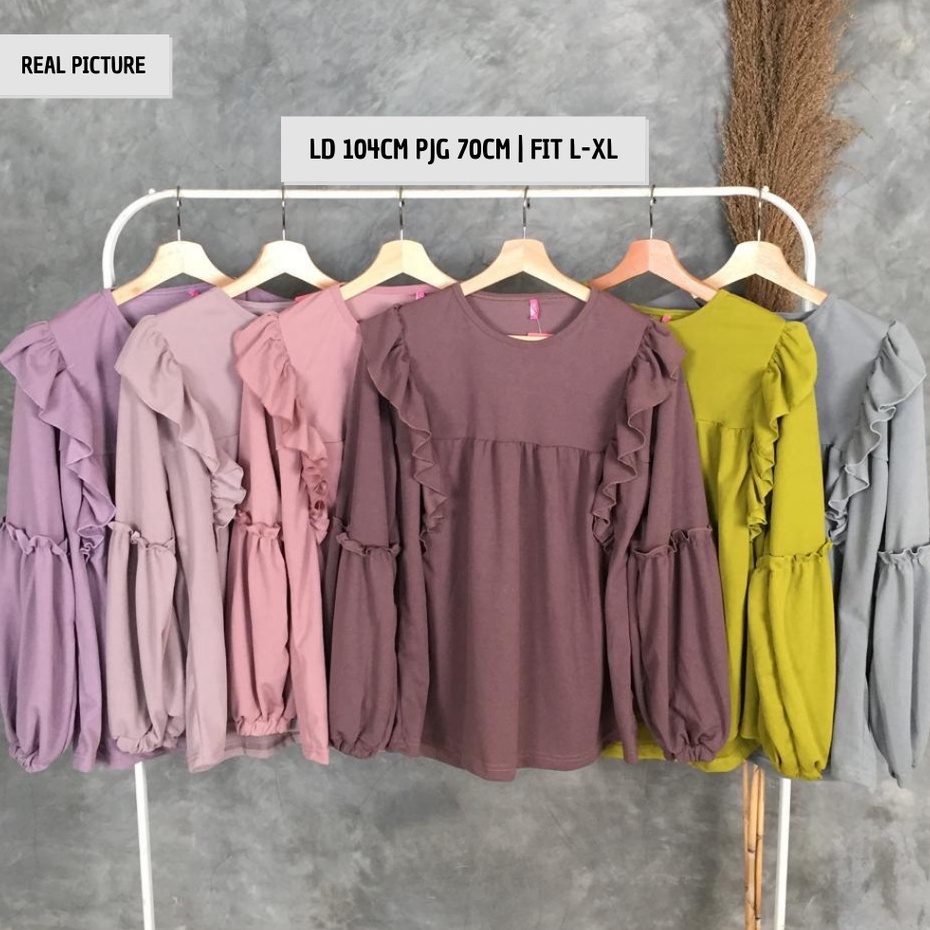 Blouse Wanita Lengan Panjang Kekinian Rumbai Gina LD 106cm Pjg 70cm FIt XL-XXL-Hijau Apel