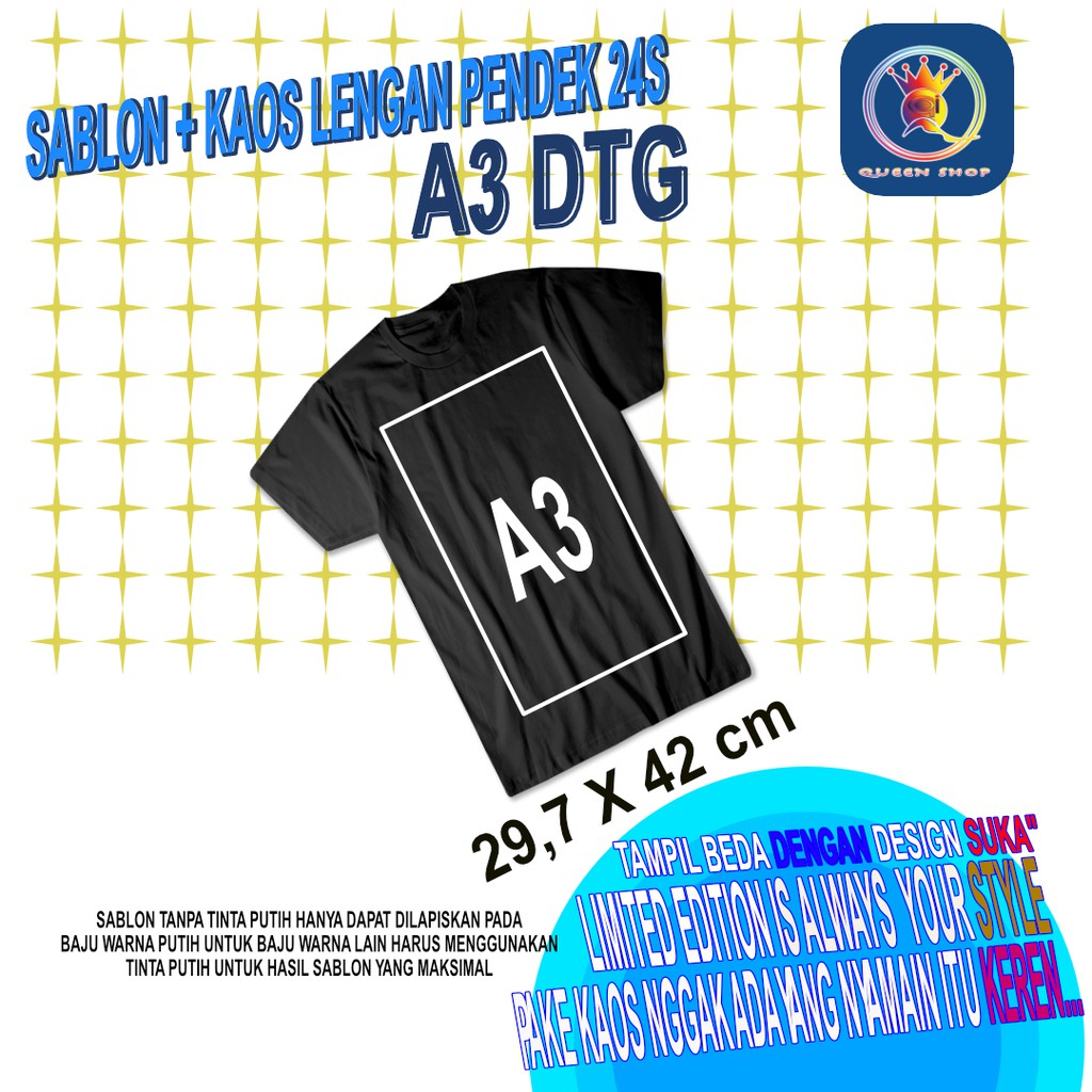 SABLON KAOS CUSTOM A3 PRINT DTG KAOS GELAP PREMIUM (LENGAN PENDEK)