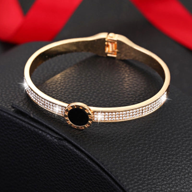 Titanium Gelang Tangan Wanita Premium Bracelet Anti Karat Berlian Emas 18K Bulat Angka Romawi Ala Bangle-1