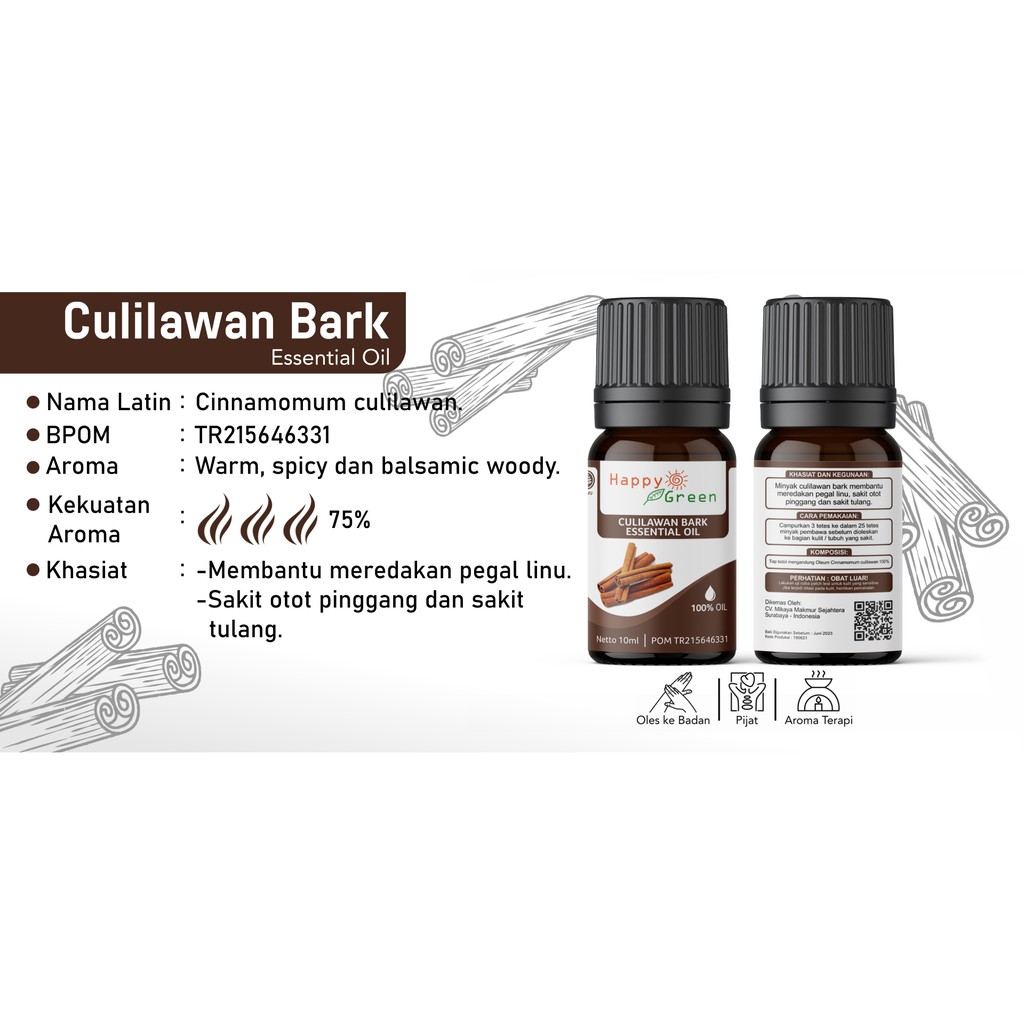 BPOM Happy Green Culilawan Bark Essential Oil - Minyak Atsiri Kayu Lawang Asli Garansi Uang kembali