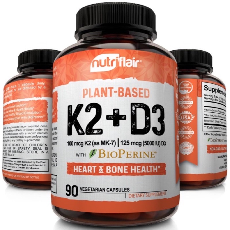 Nutriflair K2 D3 Vitamin K2 MK7 D3 5000 IU with Bioperine 90 Capsules