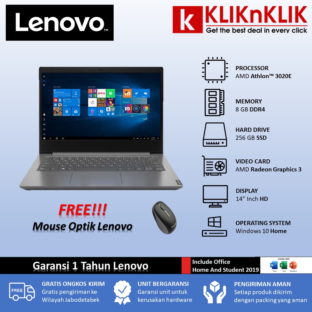 Laptop BARU Ram 8GB SSD Lenovo Ideapad SLIM V14 ADA Athlon 3020E 8GB 256GB SSD / +1TB HDD WIN10 OFFI