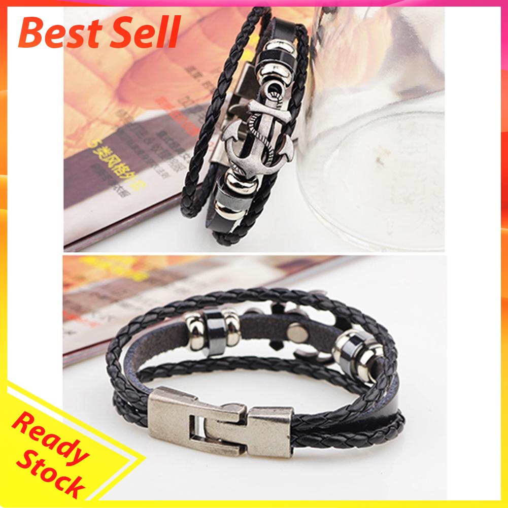 Vintage Men's Metal Anchor Steel Studded Surfer Leather Bangle Cuff Bracele