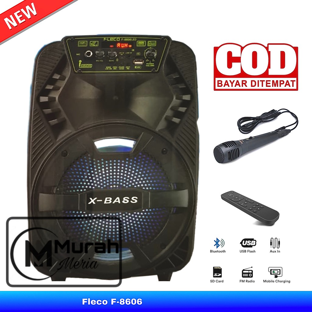 Speaker Bluetooth Karaoke Fleco 8606/8607 Terbaru Gratis Microphone + Remot Super Bass /Speaker Akti