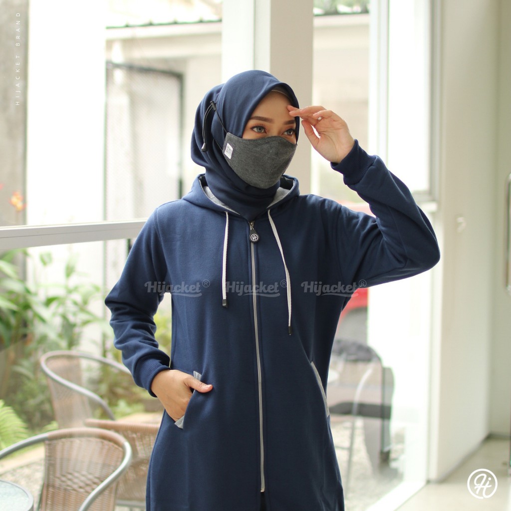 JAKET SWEATER WANITA MUSLIMAH HIJABER - HIJACKET BASIC NAVY - PANJANG HIJAB SYARI HIJAKET HIJAB