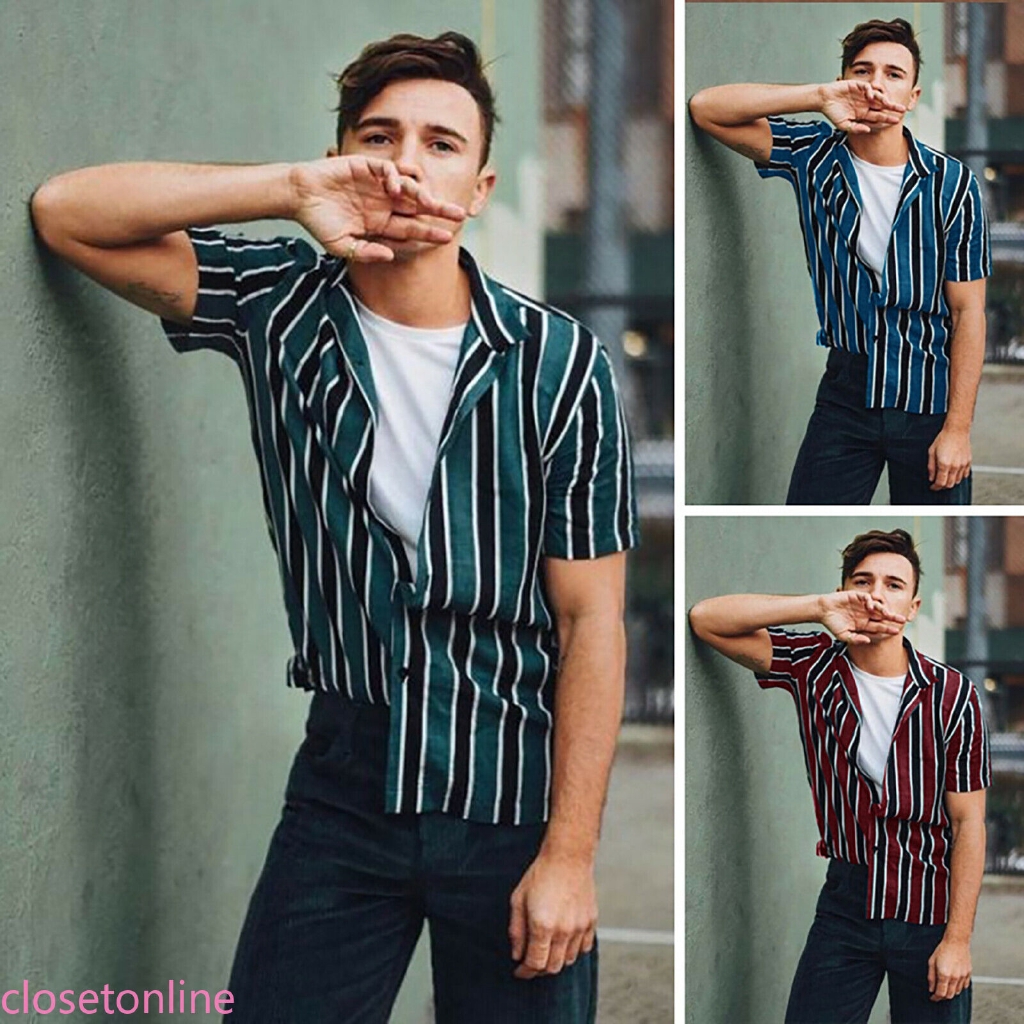  Kemeja  Pria Lengan  Pendek Model Longgar  Motif Garis 