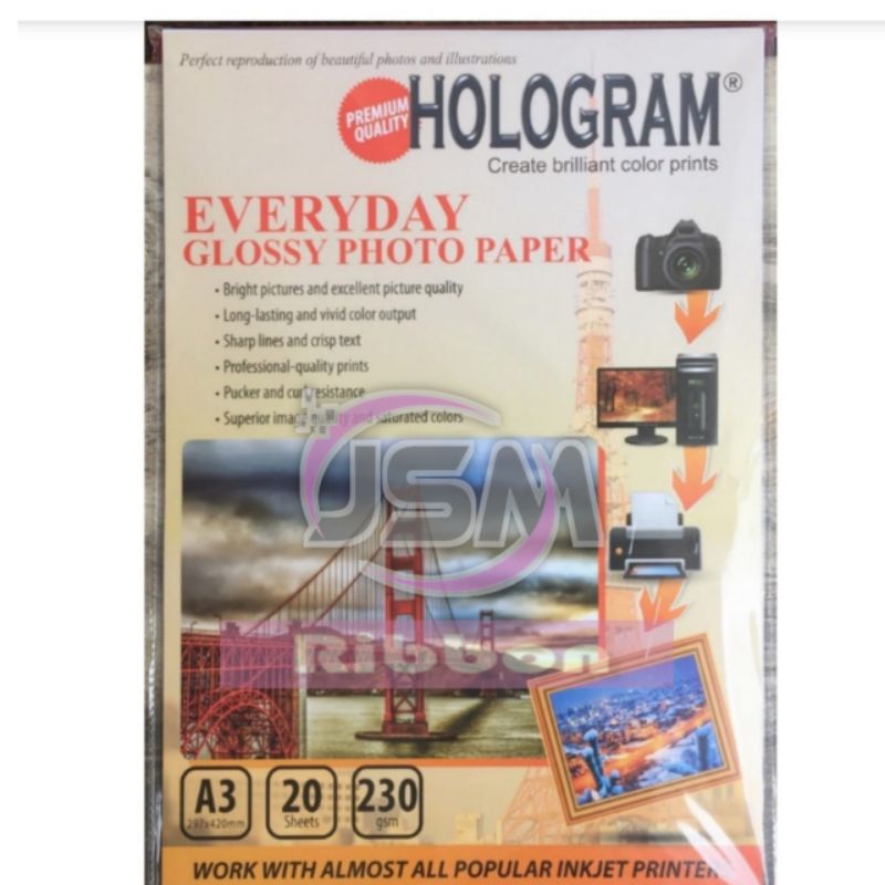 

Glossy Photo Paper A3 230 GSM Merk Hologram Untuk Print Photo Isi 20 Lembar