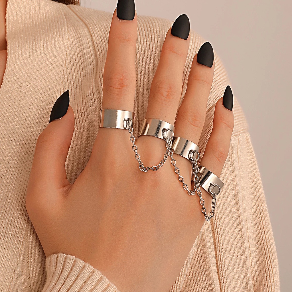 Fashion Simple Punk Style Geometry Chain Link Multiple Finger Adjustable Opening Rings