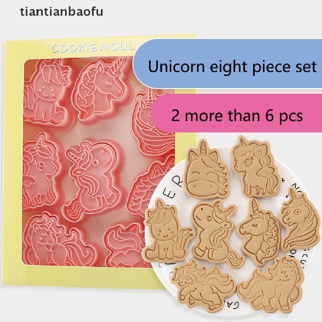 8pcs / set Cetakan Biskuit Bentuk Kartun Unicorn 3D Bahan Plastik