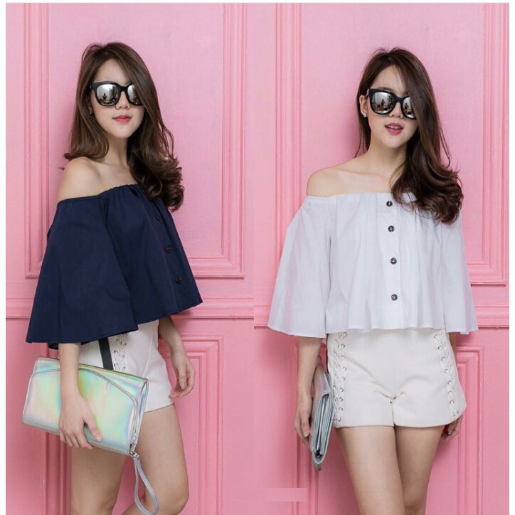 [sabrina button RO] Blouse Wanita Twiscont Putih/Navy