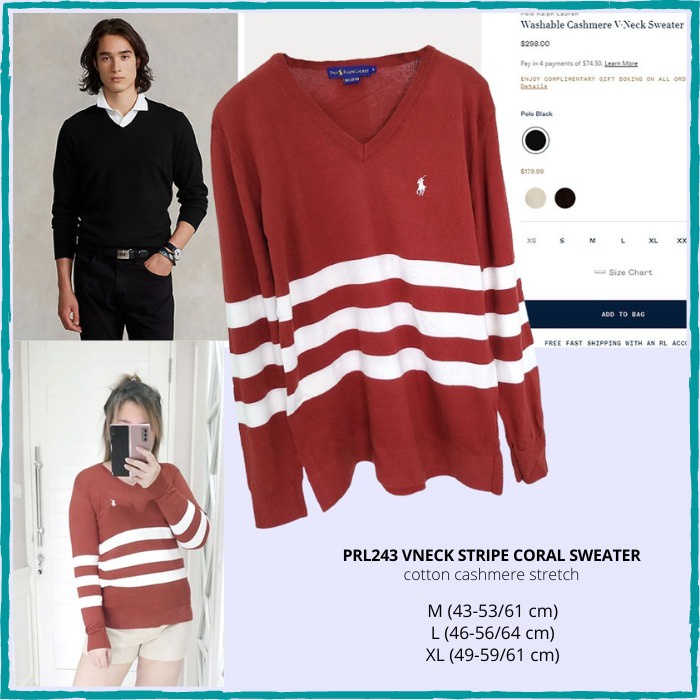 Sweater Wanita Polo Ralph Lauren 243 Vneck Stripe Coral Sweater