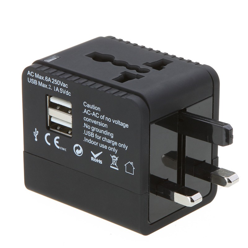 Universal Travel Adaptor Dual USB Port sambungan colokan listrik adapter charger universal luar negeri Amerika, Inggris, Eropa, Asia, Australia , China , Arab