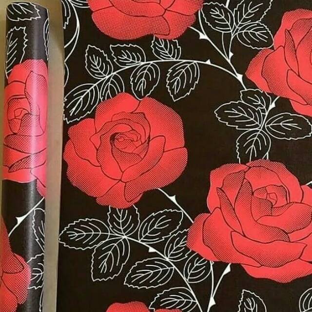 Wallpaper stiker uk45cm x 10m mawar merah besar daun putih