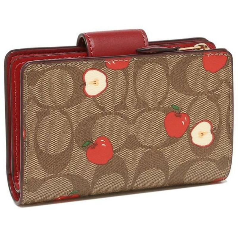 Coach Medium Corner Zip Wallet Khaki Signature Red Apple Multi (C4117)