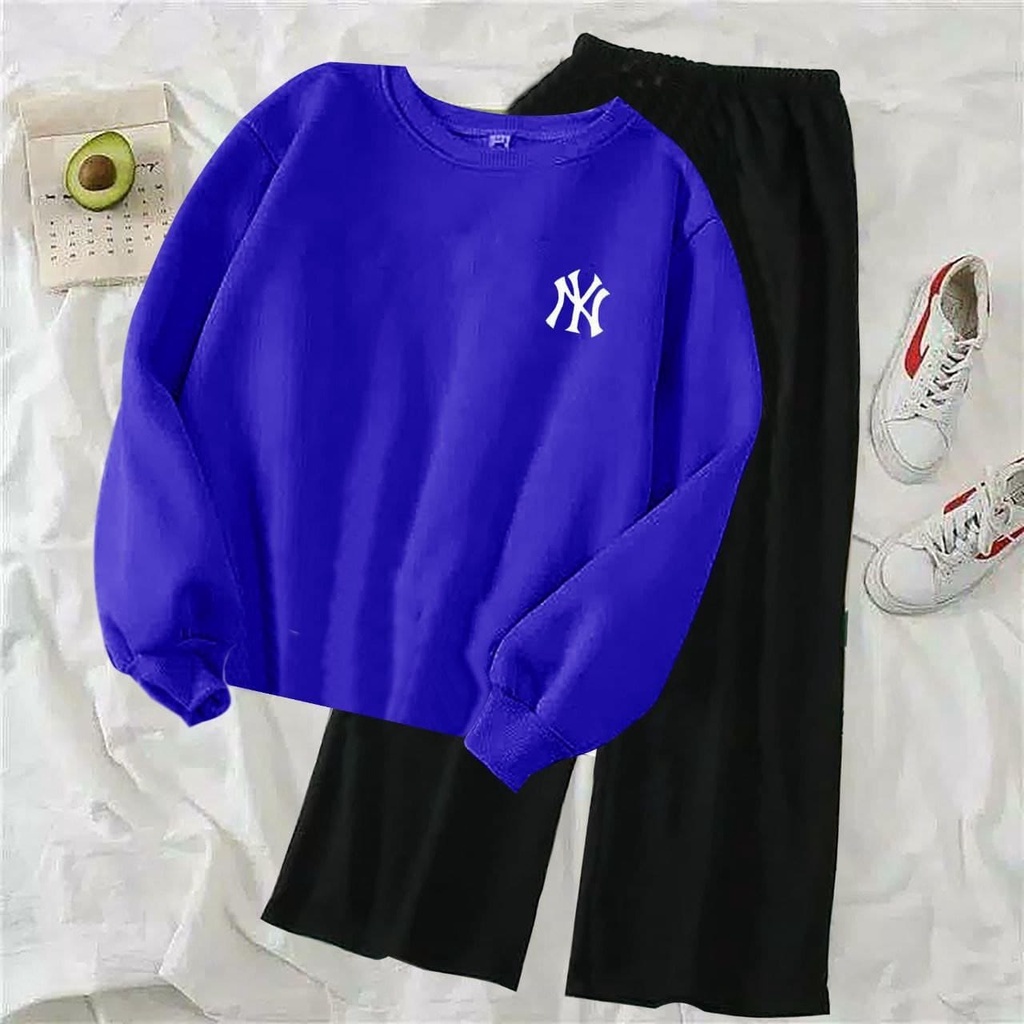 (COD)ST NY / Stelan Kulot Polos Wanita / Stelan Sweater Terlaris / Stelan NY Bordir / Sweater Lengan Panjang&Celana Kulot Viral-BIRU BCA ATASAN