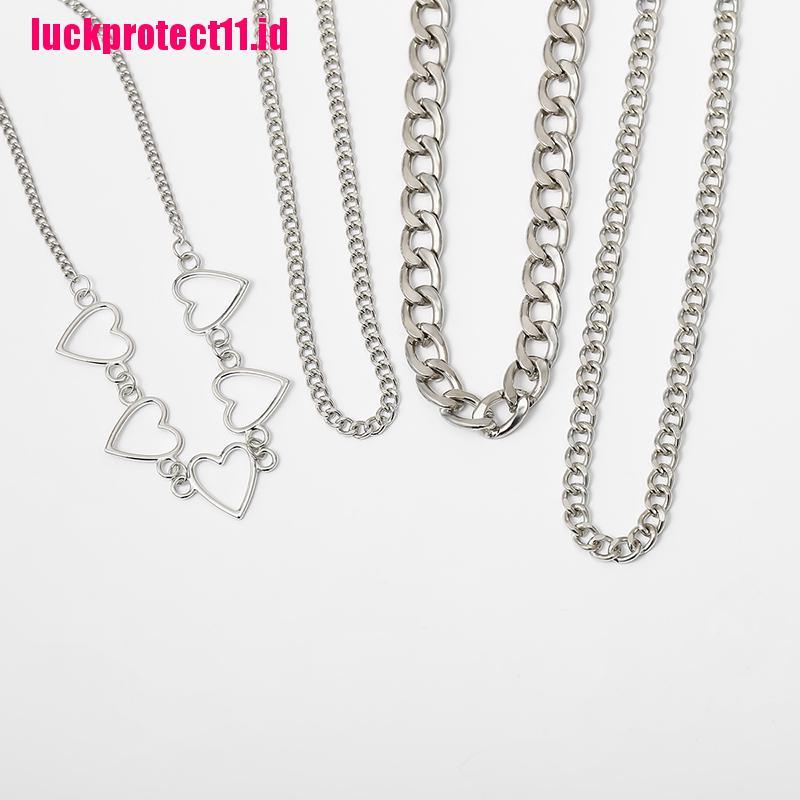 Kalung Rantai Choker Multilayer Bahan Logam Bentuk Hati Gaya Punk