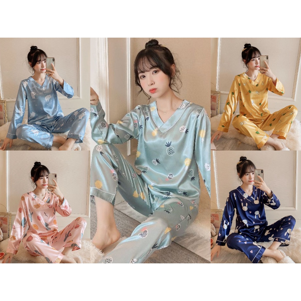 Lovera Set Baju Tidur Bahan Satin PP Lengan Panjang Celana Panjang Import