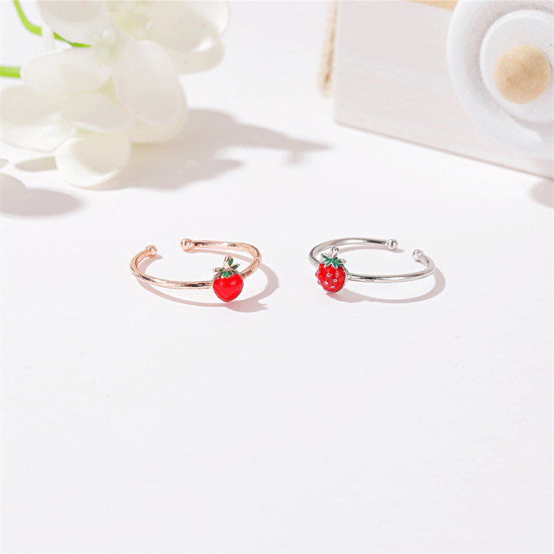 Cincin Terbuka Stroberi Merah Cincin Ekor Siswa Sastra Sederhana Aksesori Gadis Kecil Yang Segar