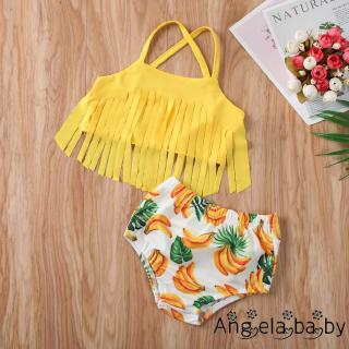 Infant Baby Girls Tassel Halter Tops Yellow Banana Print Swimsuit Bikini Beachwear
