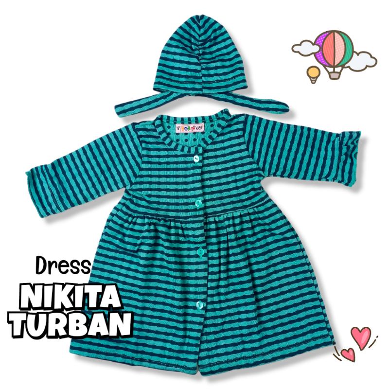 NIKITA 0 - 2 THN DRESS ANAK BAYI PEREMPUAN FREE TURBAN Baju Anak Bayi Perempuan Cewek Dres Baby Girl Nicta Bobo Kids-D StipeDarkNavyTeal