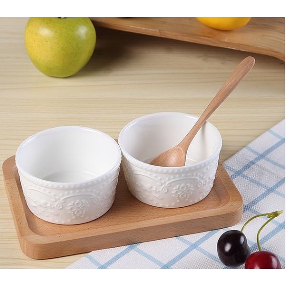MANGKOK BOWL RAMEKIN KERAMIK WARNA PUTIH MOTIF RENDA