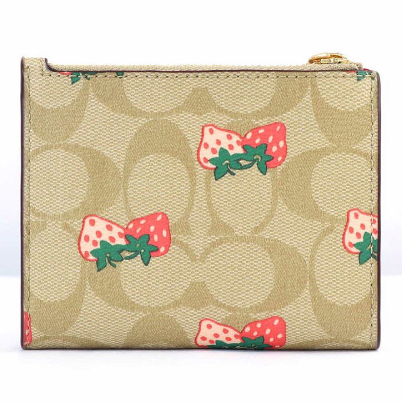 Coach Small Wallet In Signature Canvas Strawberry Khaki