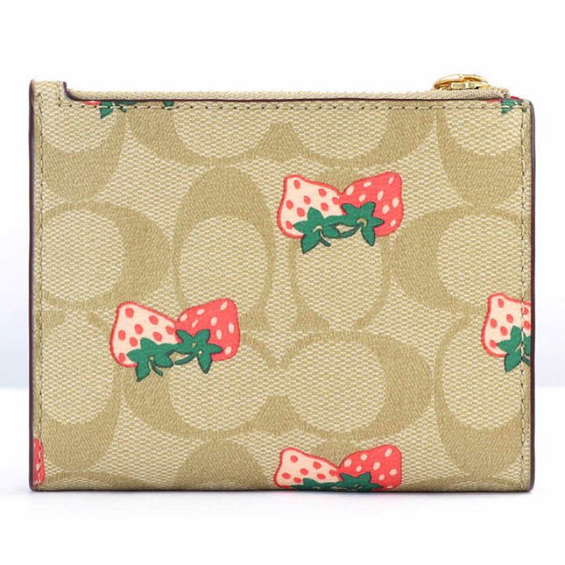 Coach Small Wallet In Signature Canvas Strawberry Khaki