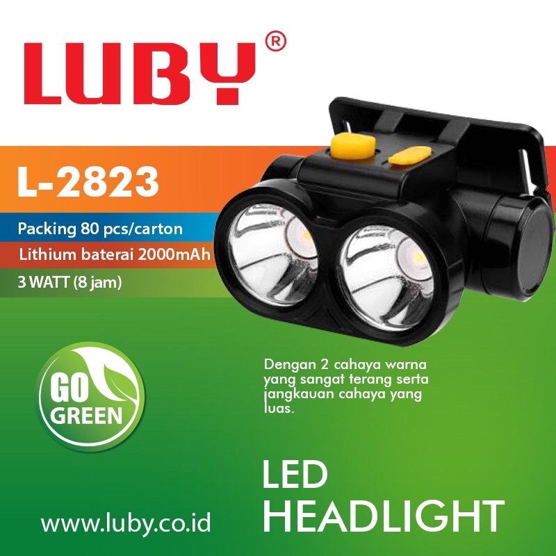 senter kepala luby L2823 /Headlamp 2 lampu kuning dan putih tahan 10jam