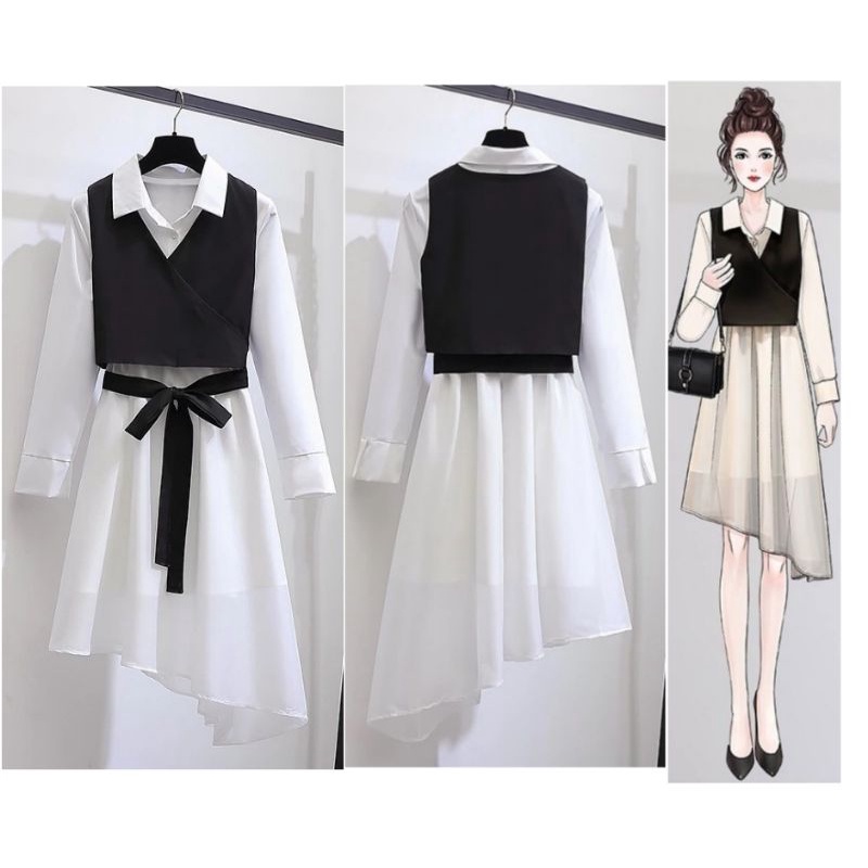 COD jane tunik wollycrepe hitam putih 2 in 1 / long tunik korean dress