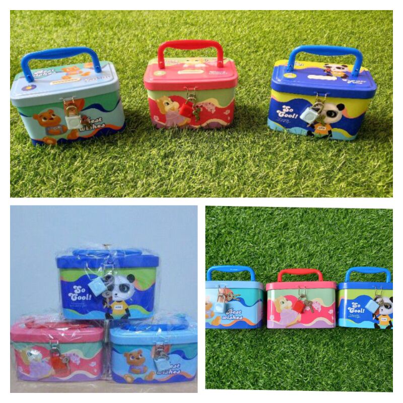 Celengan kaleng gembok kotak tas tenteng kartun / Celengan gembok kartun kotak  S04-2