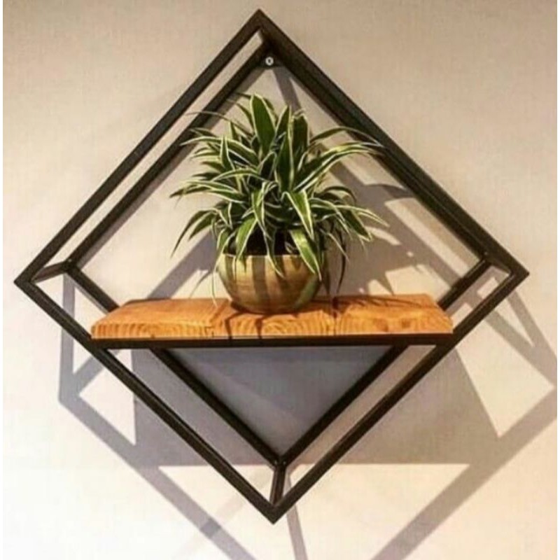 Rak Bunga Besi Hollo Dinding Alas Kayu - Rak Pot Bunga Hiasan Rumah Minimalis