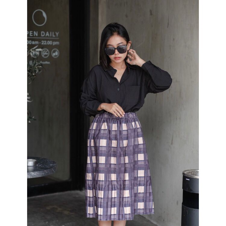 Rok Korea kisi Rok lipit pinggang tinggi rok panjang