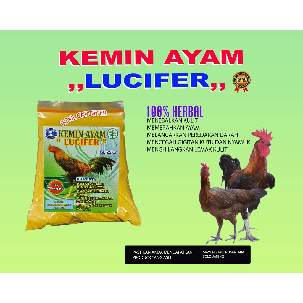 KEMIN AYAM-KEMIN LUCIFER SACET-PENEBAL KULIT AYAM-OBAT LUKA AYAM-MEMERAHKAN KULIT-SACET-25 GRAM