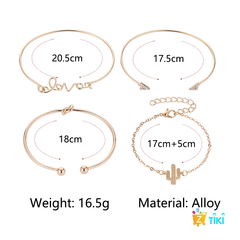 COD（TiKi）4Pcs/Set Gelang Women Gilr Gold Triangle Knot Love Cactus Opening Bangle Chain Bracelet-7