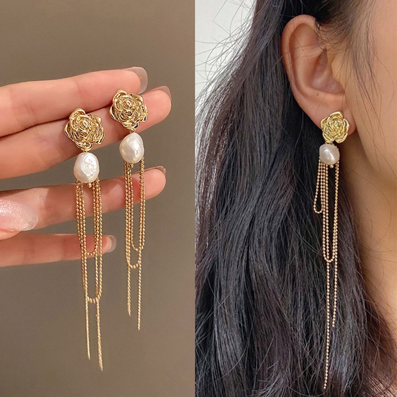 Anting Tusuk Gantung Bahan Sterling Silver 925 Desain Bungarumbaimutiara Gaya Perancisvintage Untuk Wanita