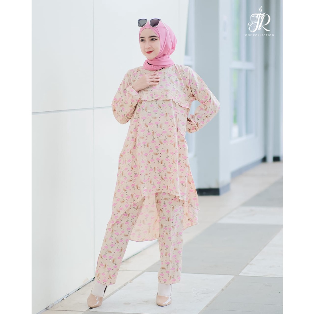 One set Celana Rayon MOTIF camelia abstrak tifany flamingo original JR ONE model bat cave homedress