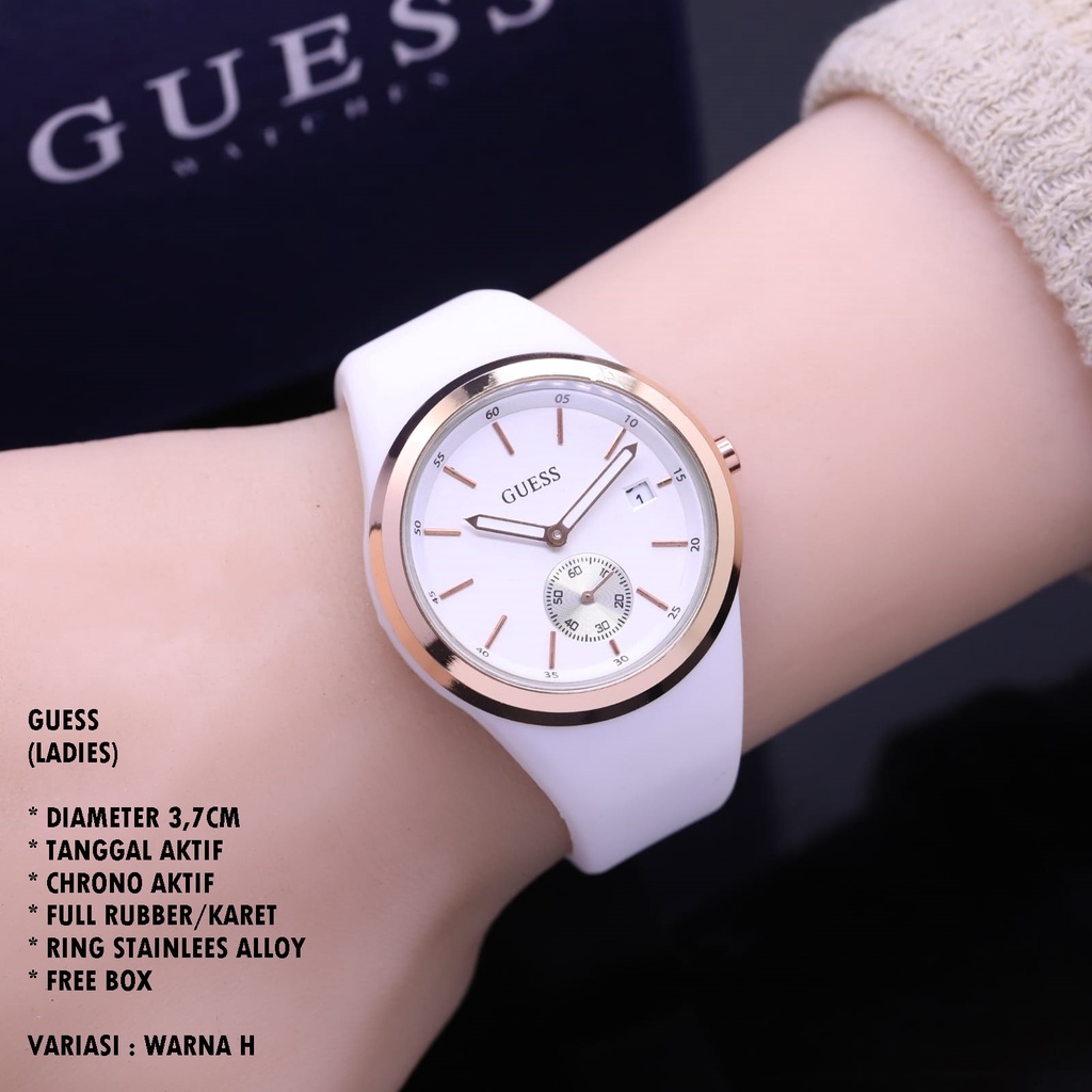 (BISA COD) JAM TANGAN WANITA GUESS TALI RUBBER BODY BULAT TANGGAL &amp; CHRONO AKTIF