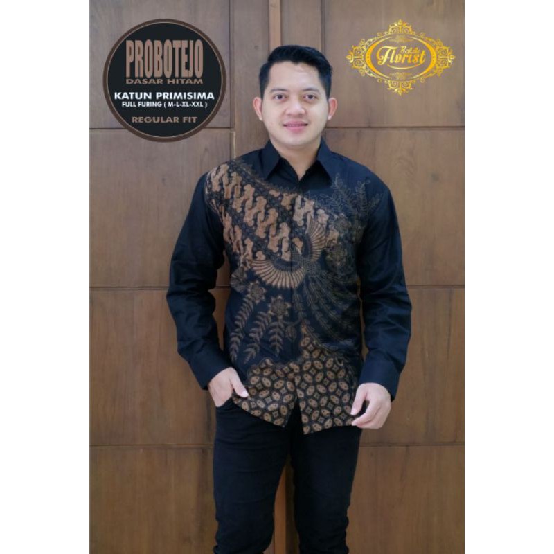 Kemeja Batik Lengan Panjang Warna Hitam Batik Pria Terbaru Batik Lapis Furing Bahan Katun PROBOTEJO