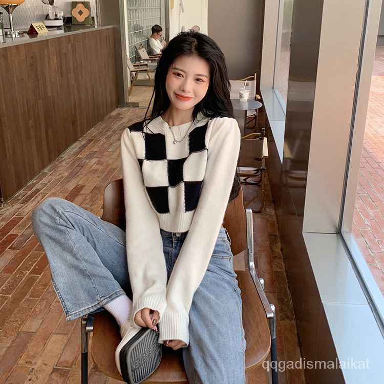 Croptop rajut lengan panjang wanita korea sweater atasan kotak-kotak sweater putih