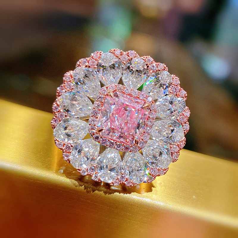 Cincin Pernikahan Desain Bunga Hias Cubic Zirconia AAA Warna Pink Gaya Mewah Berkilau Untuk Wanita