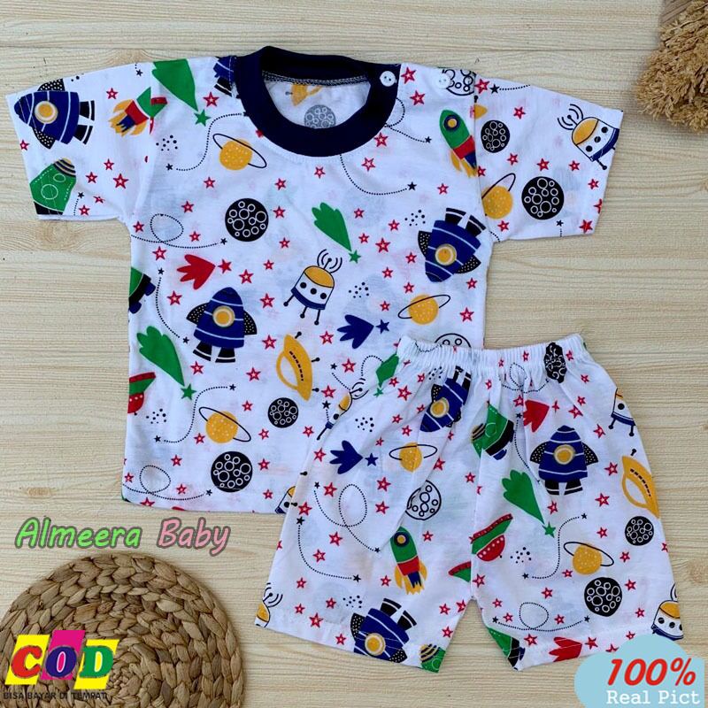 Setelan Baju Bayi Setelan Piyama Bayi Lengan Pendek Motif Rocket Kancing Pundak Usia 3-12 Bulan Almeera Baby and Kids