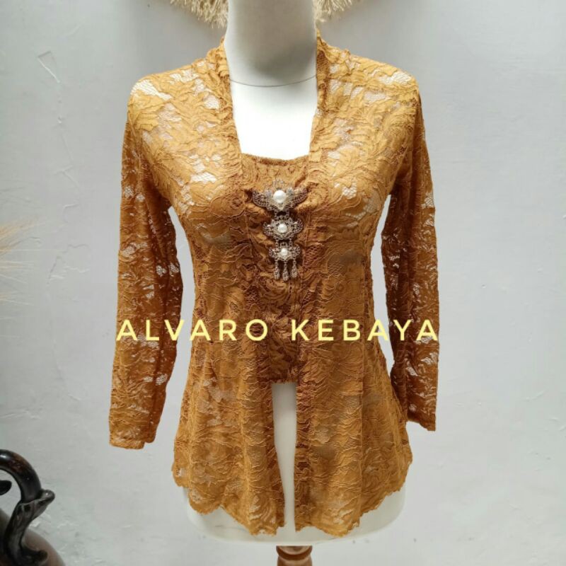 Atasan kebaya brokat halus stretch - kebaya kutubaru brukat modern wisuda halus tidak gatal strait melar-Coklat