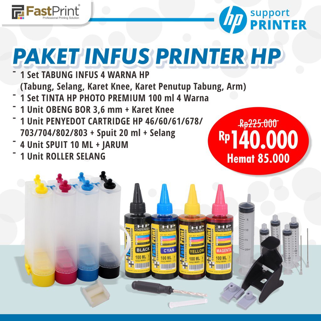 Paket Lengkap Tabung Infus Printer HP Plus Tinta Refill 100 ML Fast Print