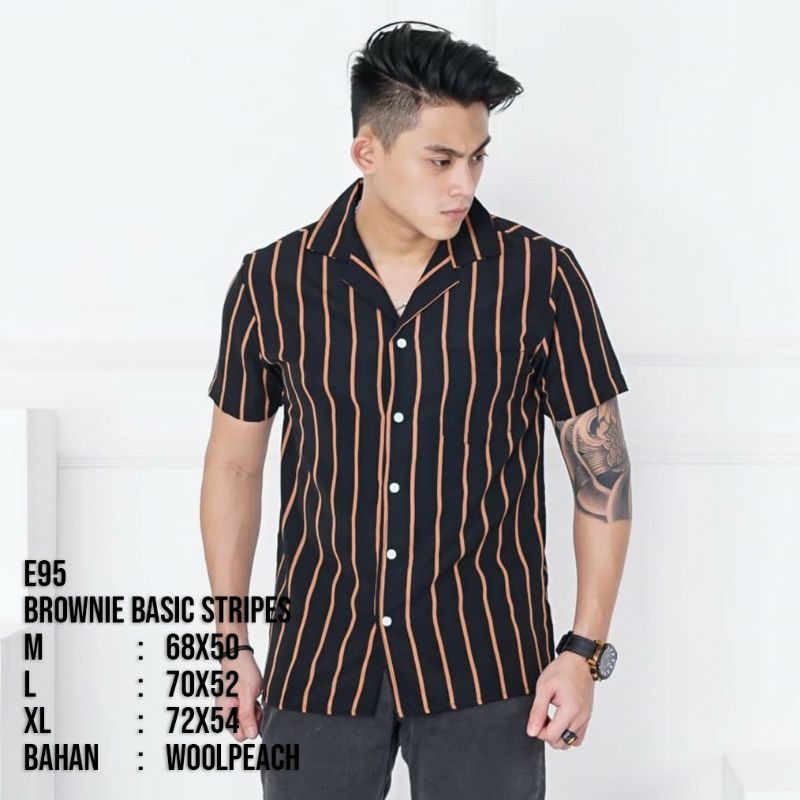 kemeja pria garis lengan pendek Brown / kemeja pria garis / kemeja garis terbaru